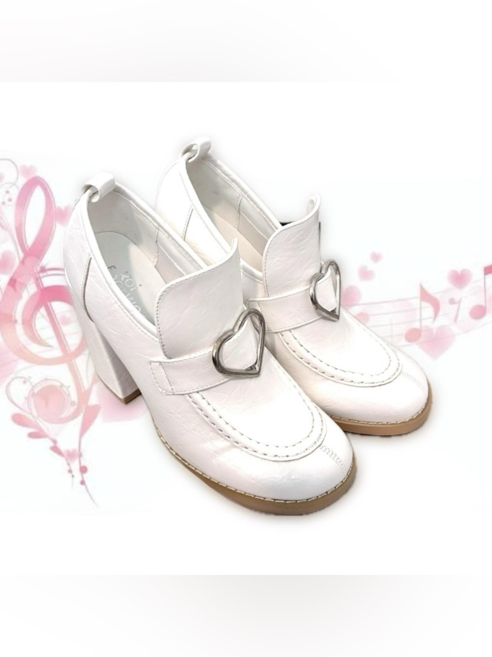 koi footwear delights heeled loafers (white w silver heart buckle)